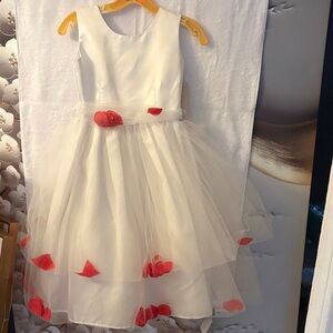 White Tulle Flower Girl Dress with Red Petal Accents